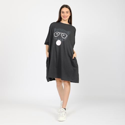 Image of LAMA STORE Women's Printed Oversized T-Shirt Dress, Cotton, 3 /4 Sleeve Length, Casual Loose Fit, Comfort Wear Extra Comfy Oversized Printed Pocket T-Shirt Dress
