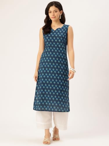 Image of feranoid Women's Pure Cotton Floral Print Straight Kurti | Elegant Curved V-Neck | Sleeveless Calf-Length Ethnic Wear | Comfortable Regular Fit | Sizes XS-XXL