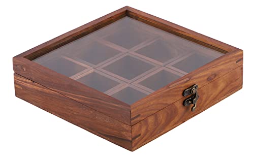 Brainmart Wooden Spice Box 9 Compartment for Kitchen, Glass Top Handmade Spice Box with Lid and Spoon, Multipurpose Utility Box, Wood Spice Rack with Lid Decorative Organizer Storage Spice Jars Racks