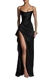 Memoriesea Women's Sleeveless Bodycon Spaghetti Strap Ruched Evening Party Maxi Dress Black