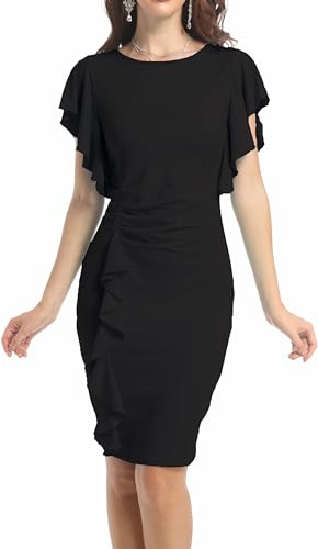 Women's Fashion Church Ruffle Sleeve Ruched Vintage Work Midi Pencil Dress