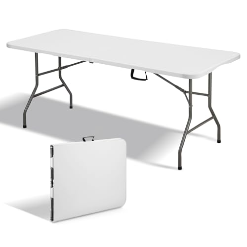 TEENO Tavolo Pieghevole 180x74x74 cm, 6 o 8 Posti, Esterno con Serratura di Sicurezza, Maniglia per il Trasporto, Tavolo da Giardino Pieghevole Bianco, Ideale per Buffet, Feste e Campeggio