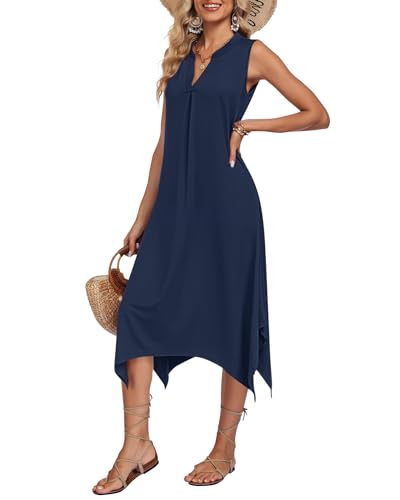 Image of AUSELILY Womens Summer Midi Dress V Neck Sleeveless Casual with Pockets | Flowy womens summer dress with asymmetrical hem, great for beach, vacation and daily wear