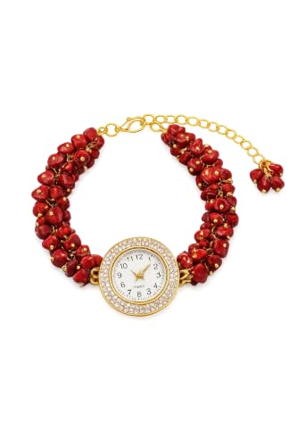 Image of ARKN Crystal Bracelet Watch for Women | Natural Gemstone Beaded Wrist Watch | Gold-Tone Dial with Rhinestone Bezel | Adjustable Fashion Jewellery Gift for Women & Girls