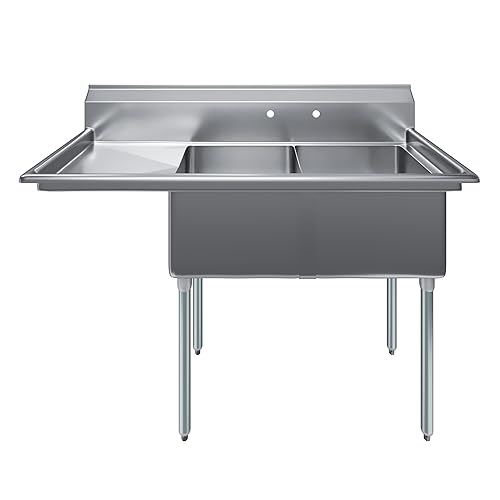 Image of AmGood Stainless Steel Prep & Utility Sink | 304 Stainless Steel | Restaurant, Kitchen, Laundry, Garage | NSF (23 in. x 57 in. | Two Bowls | Left Drainboard)