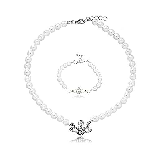 Vita pärlhalsband, Saturnus planet halsband, kristall strass damhalsband med planet pärlarmband, årsdag födelsedag mors dag smycken gåvor för mamma hennes fru flickvän, pärla,