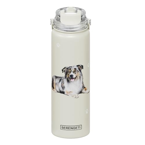 SERENGETI 24 Oz Water Bottle Stainless Steel with Spill Proof Lid - Double walled Vacuum Insulated water flask - Realistic 3D Print of your favorite dog (Australian Shepherd)