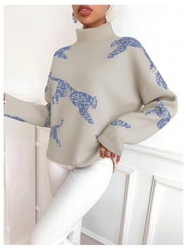 Image of WDIRARA Women's Leopard Tiger Print Sweater High Neck Long Sleeve Fuzzy Knitted Pullover Top