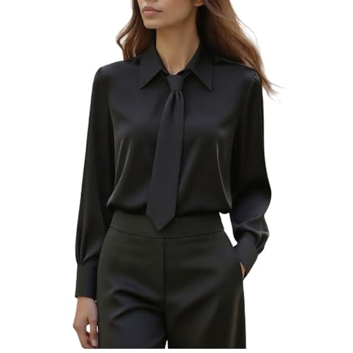 Blusas de Mujer Elegantes,Camisetas de Vestir Manga Larga Cuello Solapa con Corbata Blusa Informal de Satén Estilo Casual y de Vestir Camisa Color Sólido Suelto Cómodo Shirt para Negocios de Oficina