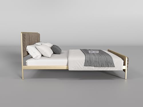 Image of Modern Upholstered Double Size Bed for Bedroom | Metal Double Bed | Platform Cot Bed with Upholstery Premium Fabric | 6.5 x 4 Ft | Powder Coated Metal Bed | Beige