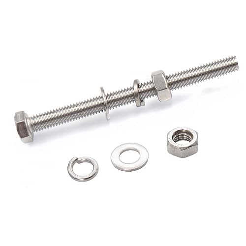 4-Pack M8 x 200mm Hexagon Screws Hex Bolts with M8 Hex Nuts Flat Washers/Spring Lock Washers Set, 304/18-8, Plain Finish