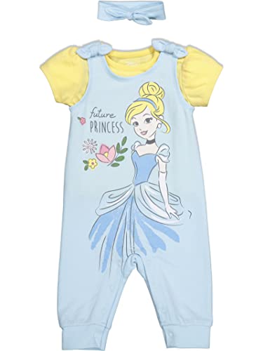 Image of Disney Princess Belle Cinderella Ariel Baby Girls Romper T-Shirt and Headband 3 Piece Outfit Set Newborn to Infant