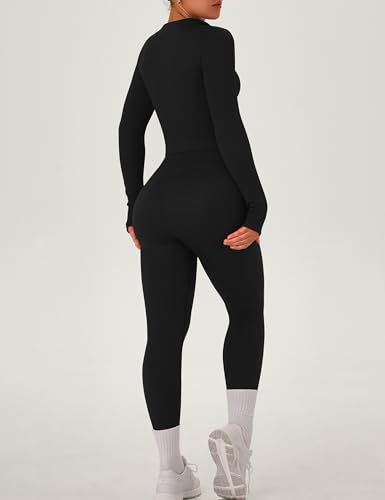 OLCHEE Womens Workout Sets 2 Piece Seamless Ribbed Long Sleeve Yoga Outfits High Waist Leggings Zipper Jacket Thumb Hole Gym3