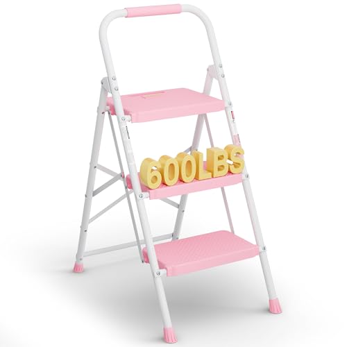 BONTEC 3-Step Ladder Folding Step Stool 600lbs Max Load Capacity Sturdy Steel Non-Slip Pedals Lightweight Portable Steel Ladder with Convenient Handrail Safety Design for Home & Work Pink