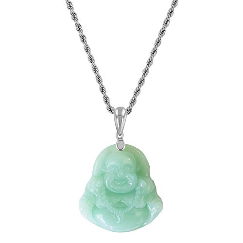 Laughing Buddha Lime Mint Green Jade Pendant Necklace Rope Chain Genuine Certified Grade A Jadeite Jade Hand Crafted, Jade Necklace, 14k White Gold Finish Silver Laughing Jade Buddha necklace2