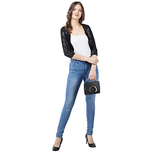 Image of Women Cropped Length Sequinned /Embroidered Front Open Shrug /Bolero with Lining