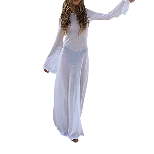Damen Cover Ups Weiß Sheer Bikini Coverups Langarm Bikini Badeanzug Maxi Strandkleid, weiß, S Cover
