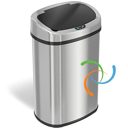 Sensorcan 13 Gallon Oval Automatic Touchless Sensor Kitchen Garbage Can With 1 Waterproof Reusable “Trash” Vinyl Sticker, Stainless Steel Space Saving Design #TOP2