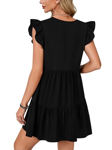 Image of LYANER Women's Summer Casual Babydoll Mini Dress Ruffle Sleeveless Deep V Neck High Waist Flowy Swing Tunic Dress
