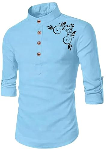 Image of DEELMO Men's Full Sleeve Short Kurta Shirt with a Trendy Mandarin Collar Crafted from a Premium Cotton Blend for Comfort Ideal for Casual and Semi-Formal Occasions