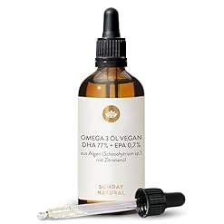 SUNDAY NATURAL® DHA Omega 3 Algenöl Vegan – Hochdosiert 1.000mg Omega 3 EPA DHA – 100ml – Natürlicher Zitronengeschmack – Triglycerid-Form – Laborgeprüft, ohne unnötige Zusätze