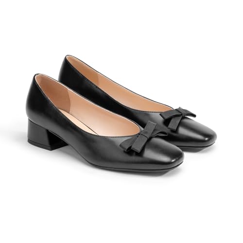 Image of C.Paravano Women's Pumps | Luxury Leather Pumps | 1.5 Inch Chunky Block Heel & Square Toe | Fabric Bow