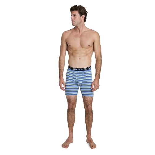 Jockey Men's Underwear Lightweight Cotton Blend 7" Long Leg Boxer Brief - 4 Pack, Teal Slate/Daring Stripe Blues/Spearmint/True Navy, L4