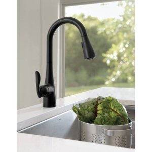 Image of Moen Arbor Matte Black One-Handle Pulldown Kitchen Sink Faucet Featuring Power Boost and Reflex Docking System, Black Kitchen Faucet with Pull Down Sprayer, 7594BL