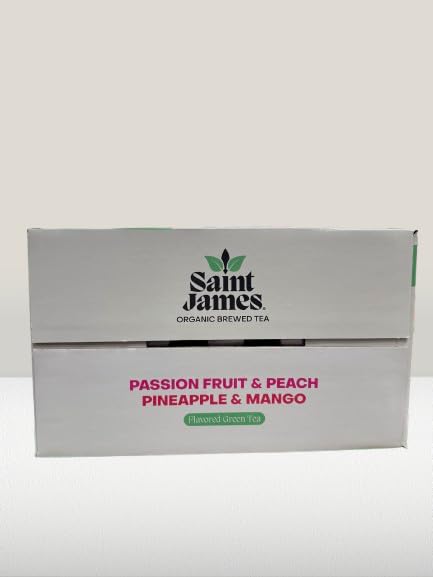 Saint James Organic Tea, Passion Fruit Peach & Pineapple, 15.9 fl oz Bottle – Low Sugar, USDA Organic, Refreshing Tropical Iced Tea Beverage