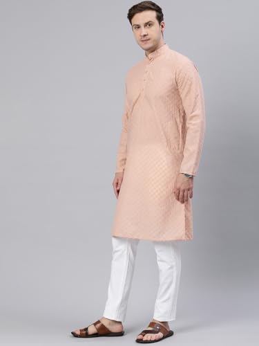 Image of Majestic Man Men's Cotton Blend Regular Fit Casual Polyester Mandarin Collar Ethnic Motifs Embroidered Long Regular Kurta