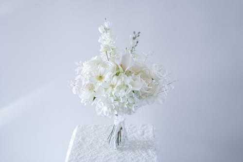 Sasameyuki Elegant White Artificial Flower Teardrop Bouquet, Cascading Bridal Bouquet