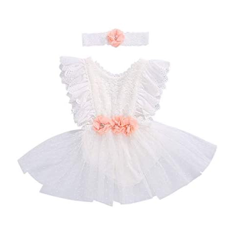 Yerwach Baby Girls Summer Clothes Set Sleeveless Ruffle Lace Patchwork Jumpsuits Pink Flower Headband Infant 2Pcs Princess Outfits Solid Color Tulle Dress(White, 0-6 Months) Cover