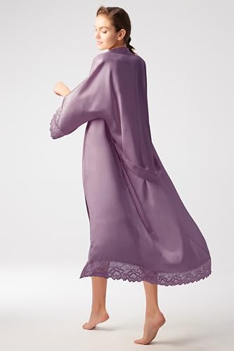 Image of BABEYOND Satin Kimono Robe Silky Long Bridesmaid Wedding Lightweight Bath Robe with Lace Trim