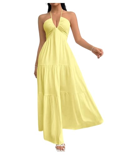 Image of SHENHE Women's Deep V Neck Tie Knot Backless Halter Dress A Line Flowy Ruffle Maxi Dress