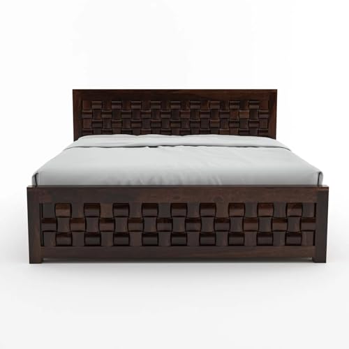 Image of Sheesham Wood Queen Size Bed with Box Storage Wooden Double Bed Cot Bed Furniture for Bedroom Living Room Home (Dark Walnut Finish)