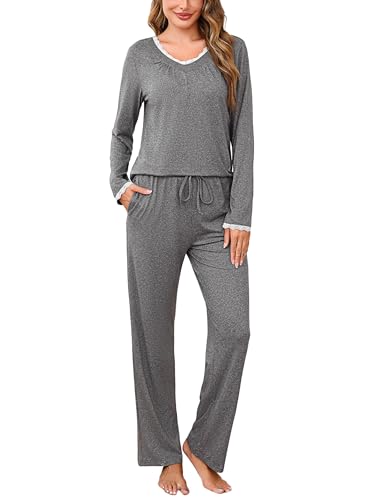 Litherday Pijama Mujer Invierno Algodón Conjunto de 2 Piezas con Cuello en V Pantalon y Manga Larga Ropa para Dormir Cómoda con Bolsillos y Cordón Tallas Grandes