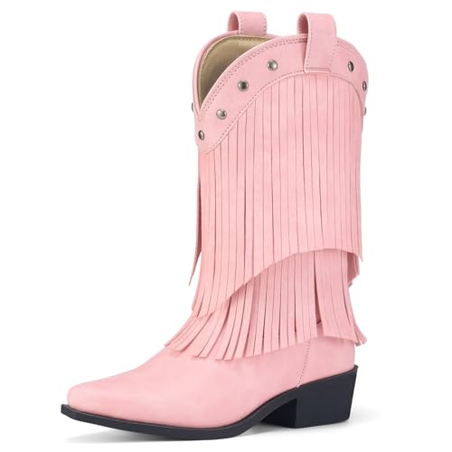 Rollda Girls Cowboy Boots with Tassel, Fringe Cowgirl Boots, Snip Toe, TPR Outsole, Kids Western Boots Stylish & Comfortable for All-Seasons, Toddler/Little Kid/Big Kid Pink Size 4