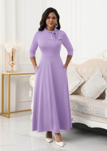 Image of FANDEE Maxi Long Dress Women, Church A Line Bow Tie Neck Casual Dresses | 3 /4 sleeve with pockets, tea party elegant wedding guest semi formal bridesmaid dress, m-3xl, machine wash