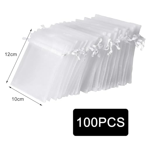 vaolmlop 100 Stück 10 * 12 cm Geschenk Hochzeit Säckchen,Organza Beutel Mit Kordelzug,Organza Säckchen Weiß Organzabeutel Schmucksäckchen Geschenktüten Für Hochzeit Oder Fest Party