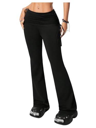 SOLY HUX Women's Vintage Flared Leggings Side Drawstring Y2k Bell Bottom Trousers Pants Streetwear