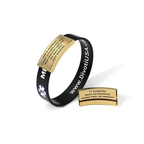 Divoti Ultra-Sleek Custom Engraved 13-mm Wide Silicone Sport Medical ID Wristband for Athletes – PVD Gold/Black - Large