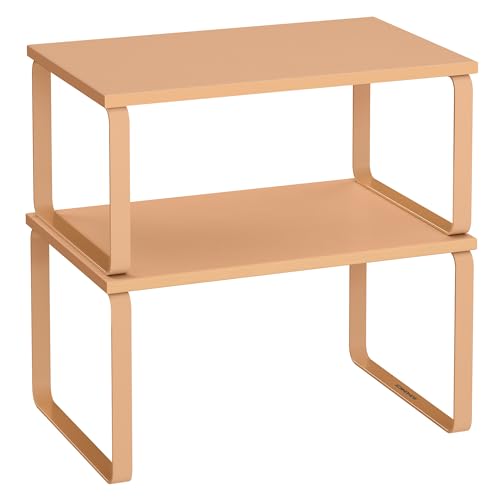 SONGMICS Estante para Especias, Juego de 2, Organizador de Armario, Estante de Almacenamiento de Cocina Extensible, Especiero de Metal y Madera de Ingeniería, Naranja Albaricoque KCS002Y01