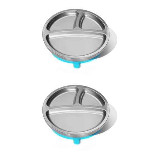 Avanchy Baby Plates with Suction Stainless Steel Divided Plates for Toddlers BPA-Free Dishwasher Safe Unbreakable Non-Toxic 100% Silicone Suction 2 pack Blue