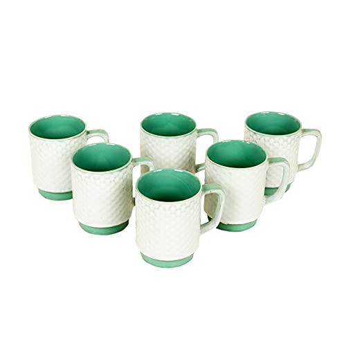 Image of AAKRITI ART CREATIONS White Pearl Tea Cups Set of 6 | Ceramic Cup Set | Multipurpose Utility Cups | Modern Art Ceramic Cups, Kitchen Essentials | Glossy Finish, Green Tea Cup Set