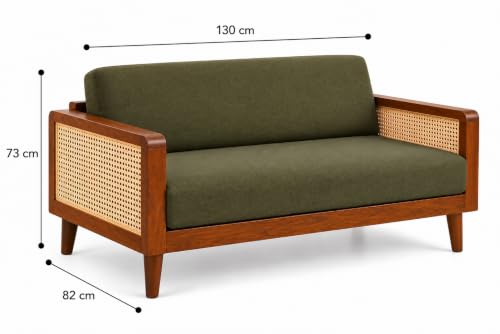 Image of Sainistree Sheesham Wood 3+2 Seater Sofa | Solid Wood Cane & Rattan Sofa for Living Room | Mid-Century Modern Accent Sofa | Green Upholstery, Teak Brown Finish