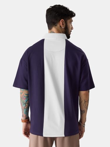 Image of The Souled Store Solids: White & Berry Colourblock Men and Boys Oversized fit Half Sleeve Cotton Multicolored Oversized Polos