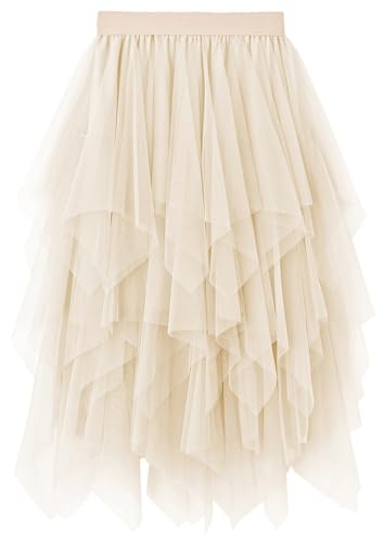 Reaowazo Tulle Skirts for Women Midi Long Fairy Skirt Tutu A-Line Mesh Layered High Elastic Waist Halloween Skirts Beige One Size