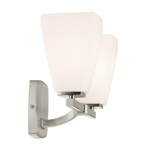 Image of Kichler Marant 2-Light Bathroom Vanity Light Fixture with Opal Glass, 14.25 inch Modern Wall Mount Light in Brushed Nickel for Bathroom, Powder Room, Over Mirror (14.25 inch W x 9.5 inch H), 55215NI