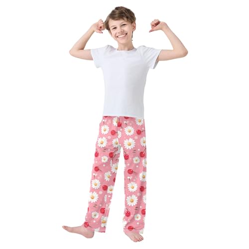 Daisy Flower Cherry Long Pajama Pants Elastic Waist PJ Bottoms with Pockets S A1108223