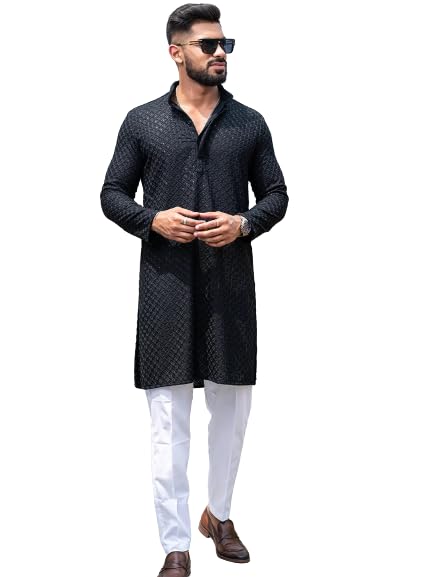 Image of Men's Floral Embroidered Cotton Rich Traditional and Lakhnavi Ethnic Wear Straight Partywear Kurta Set Pack Of 01.